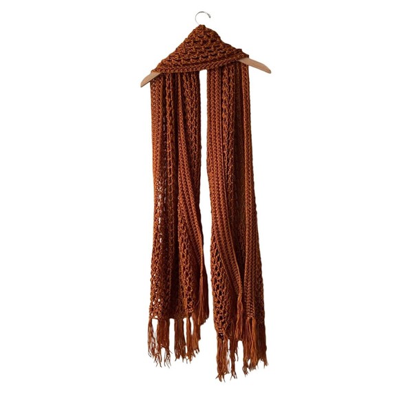 Handmade Knit Scarf With Large Pockets | Rust Orange | One 75”x22” - Picture 5 of 5